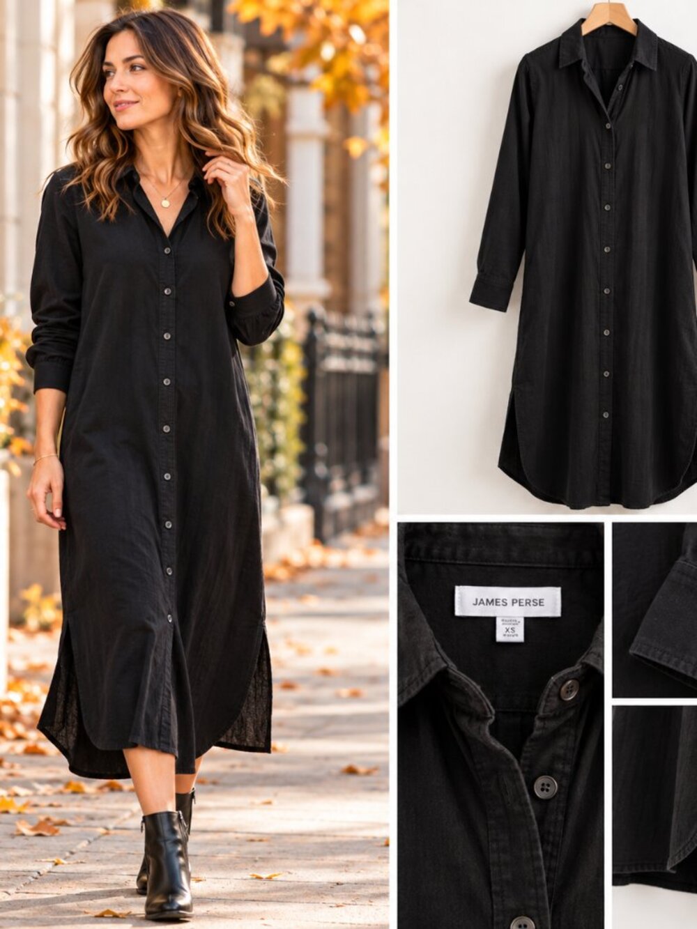 James Perse Black Cotton Long Sleeve Button Front Midi Shirt Dress XS